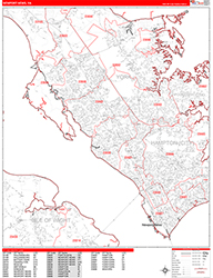 Newport News Wall Map Zip Code Red Line Style 2026